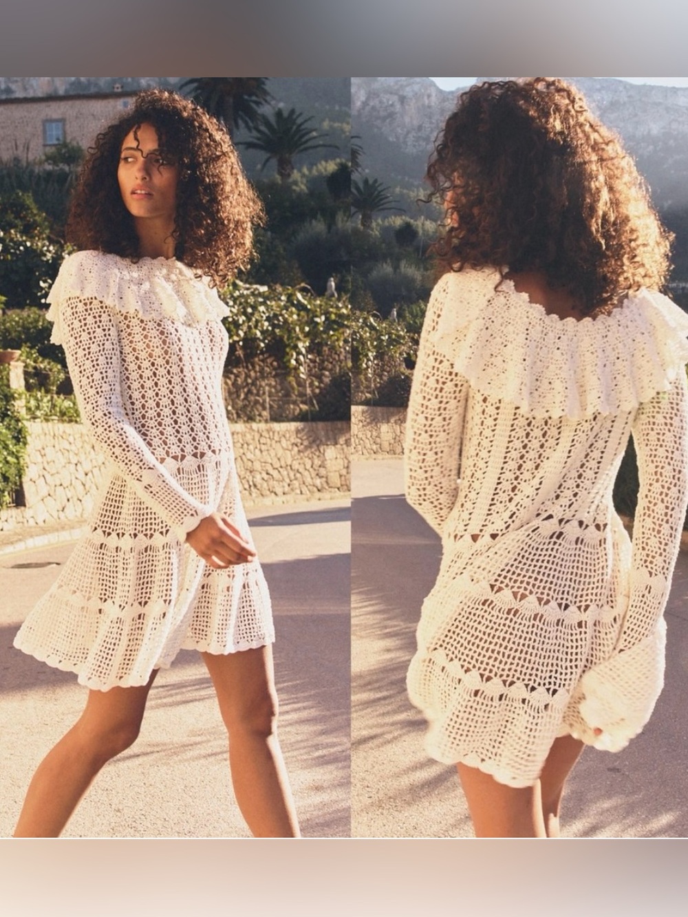 NWT Dôen Capucine Heirloom Crochet Knit Dress in Color Pearl with Ruffle Detail